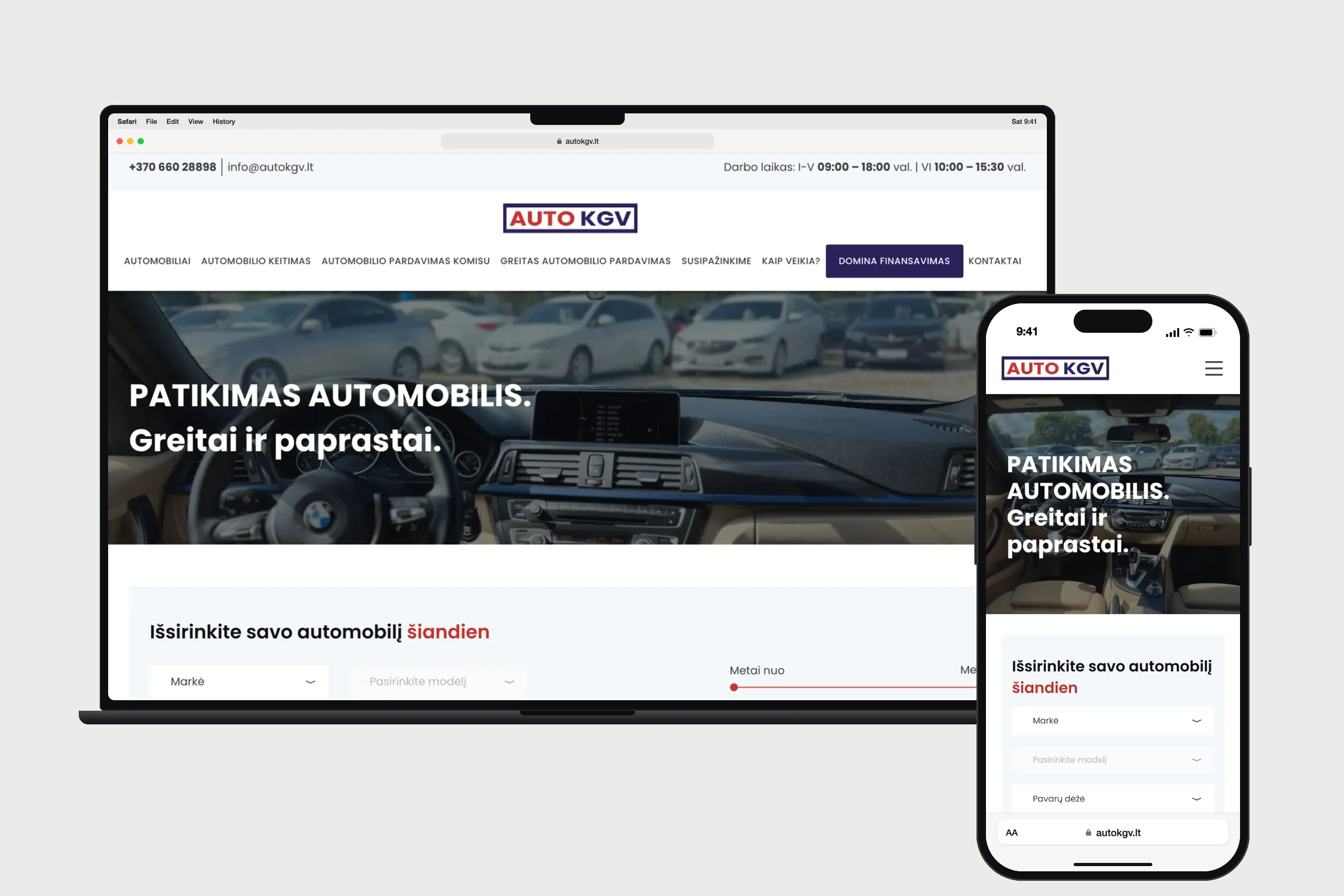 Auto KGV svetainė kompiuteryje ir telefone